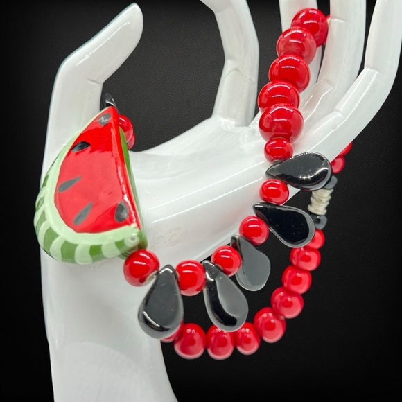 Signed Flying Colors & Book Piece Ceramic Bead & Watermelon Seed Slice Necklace - Picture 6 of 8